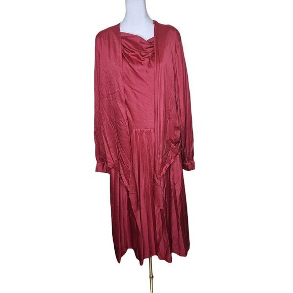 Vintage 70s 2 Piece Blouson Dress Set Tie Shrug Womens Size 2XL Red Volump - Picture 3 of 7